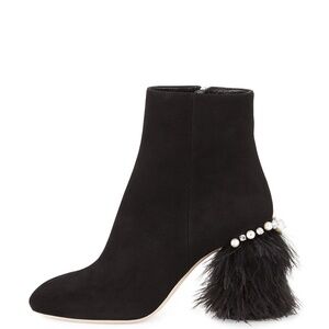 MIU MIU SUEDE PEARL CRYSTAL FEATHER BLOCK HEEL BLACK ANKLE BOOTS SIZE 35 $990